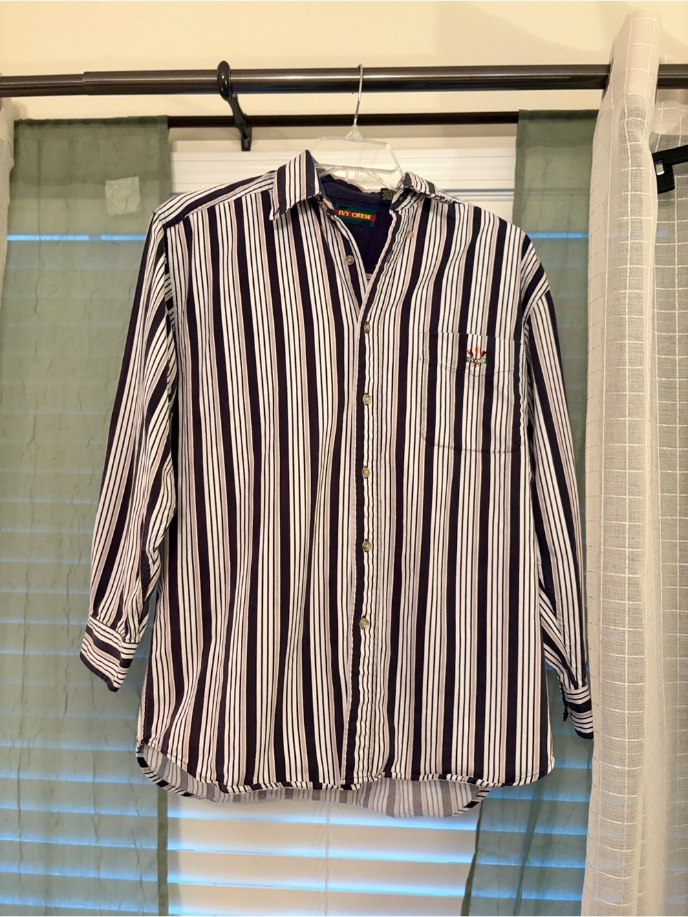 Men’s Vintage Navy and White Striped Button-Up Shirt